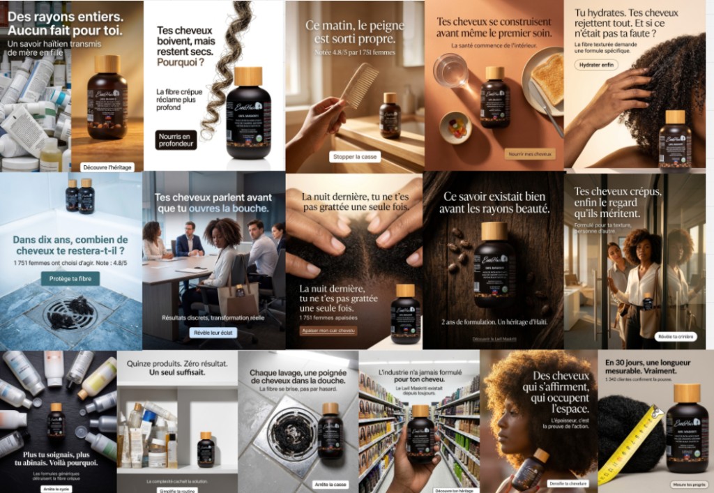 Grille de publicités statiques : plusieurs angles et hooks pour un même produit